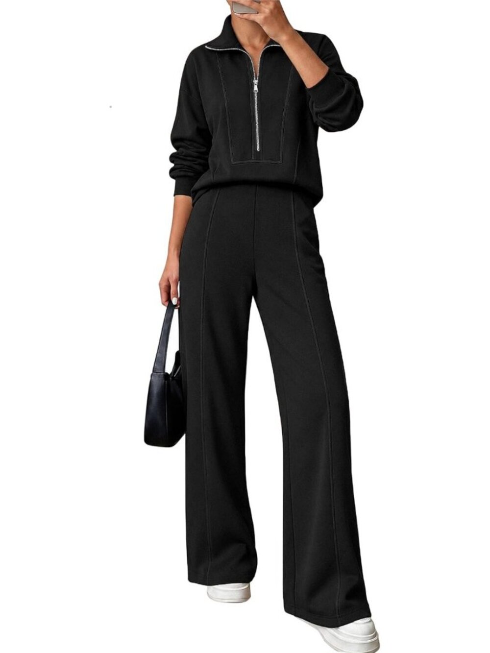 Chic Women's Half Zip Jumpsuit with Pockets | Long Sleeve Wide Leg Fall Outfit